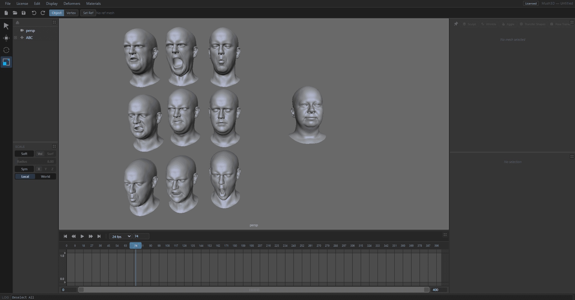 Mush3D blend shape transfer interface showing expression set cloning controls