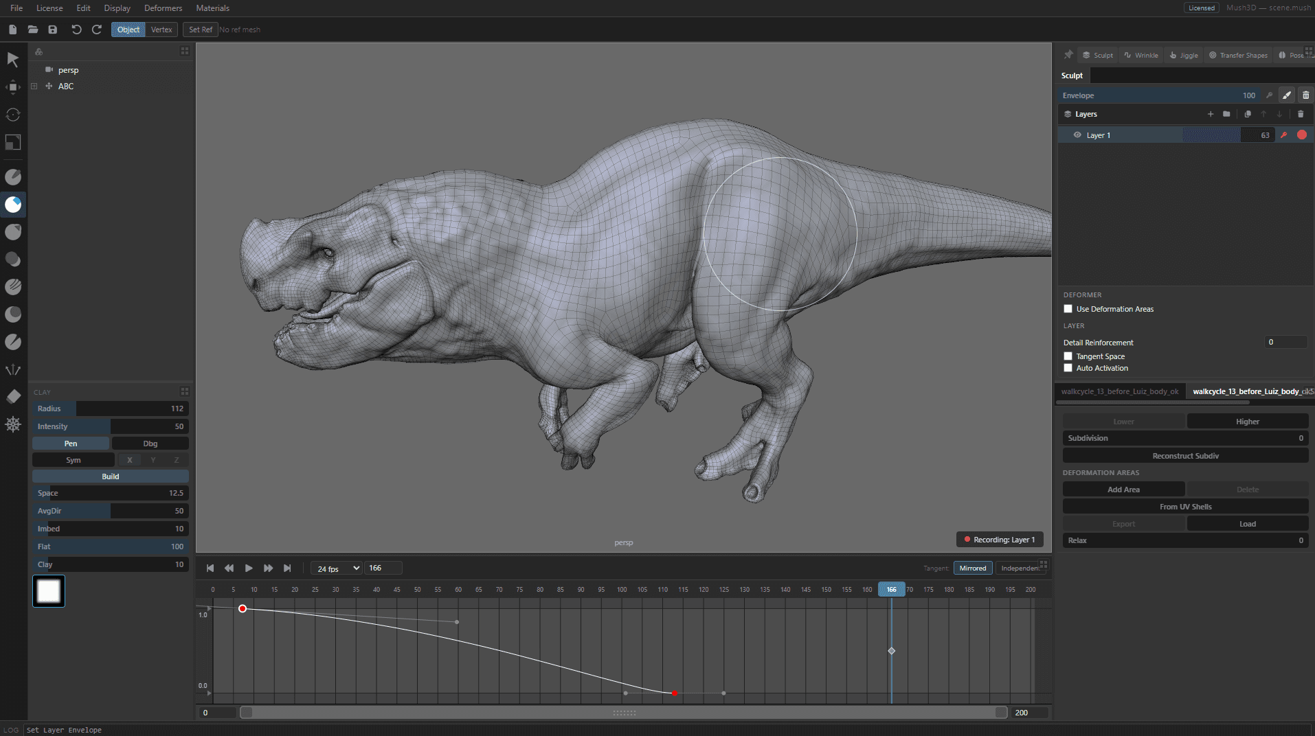 Mush3D sculpting system showing multi-resolution animated cache editing